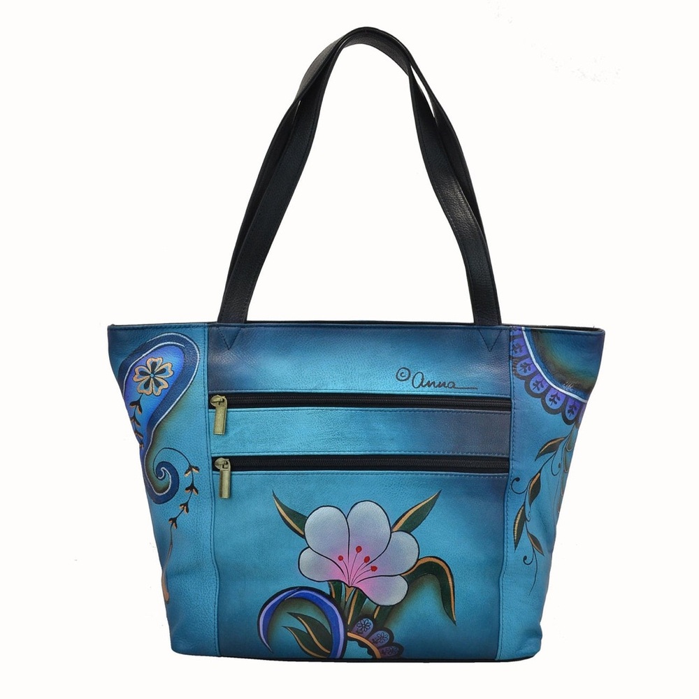Anuschka Hand Painted Bag Handbag Tote Flower Purse Floral Blue (TD)